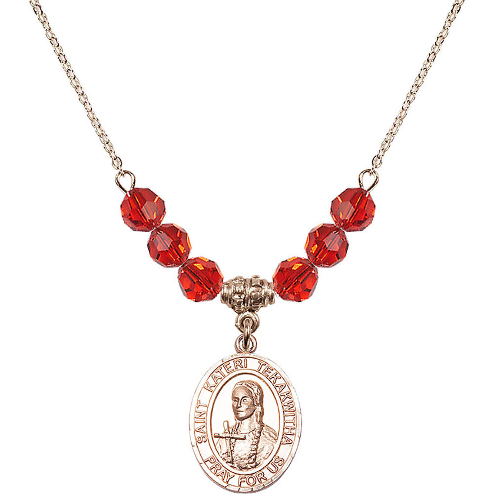 14kt Gold Filled Saint Kateri Tekakwitha Birthstone Necklace with Ruby Beads - 8438