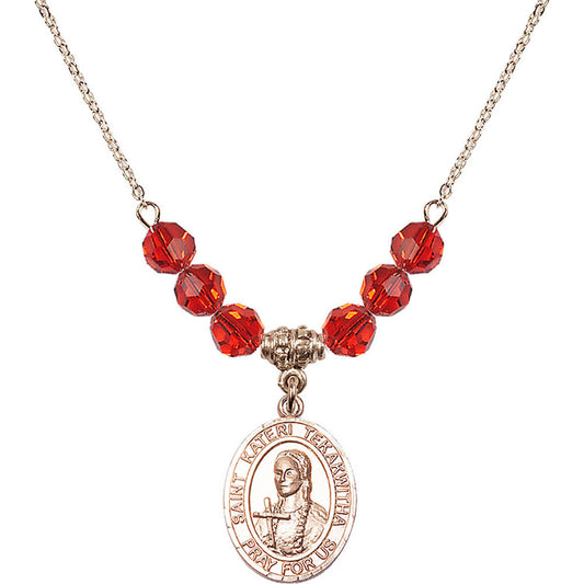14kt Gold Filled Saint Kateri Tekakwitha Birthstone Necklace with Ruby Beads - 8438