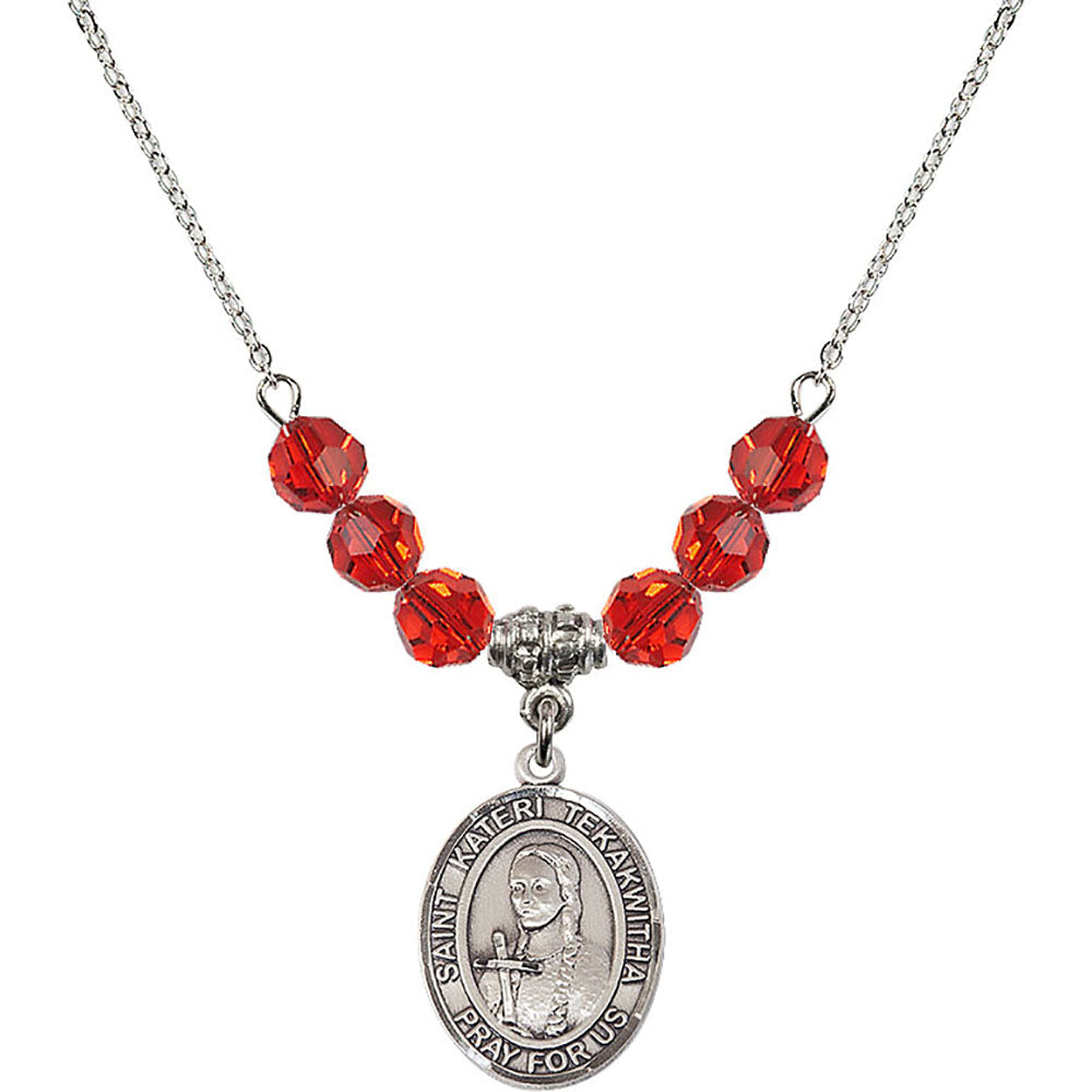 Sterling Silver Saint Kateri Tekakwitha Birthstone Necklace with Ruby Beads - 8438