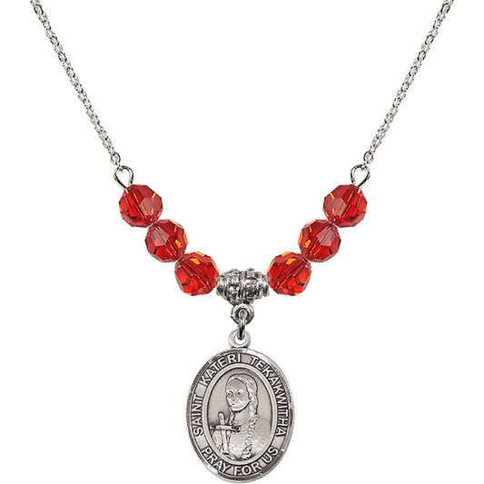 Sterling Silver Saint Kateri Tekakwitha Birthstone Necklace with Ruby Beads - 8438