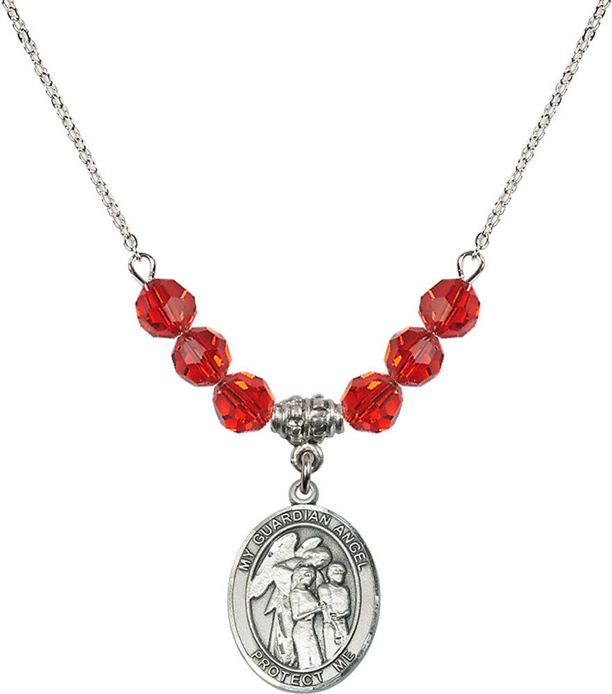 Sterling Silver Guardian Angel w/Children Birthstone Necklace with Ruby Beads - 8439