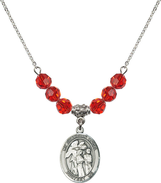 Sterling Silver Guardian Angel w/Children Birthstone Necklace with Ruby Beads - 8439
