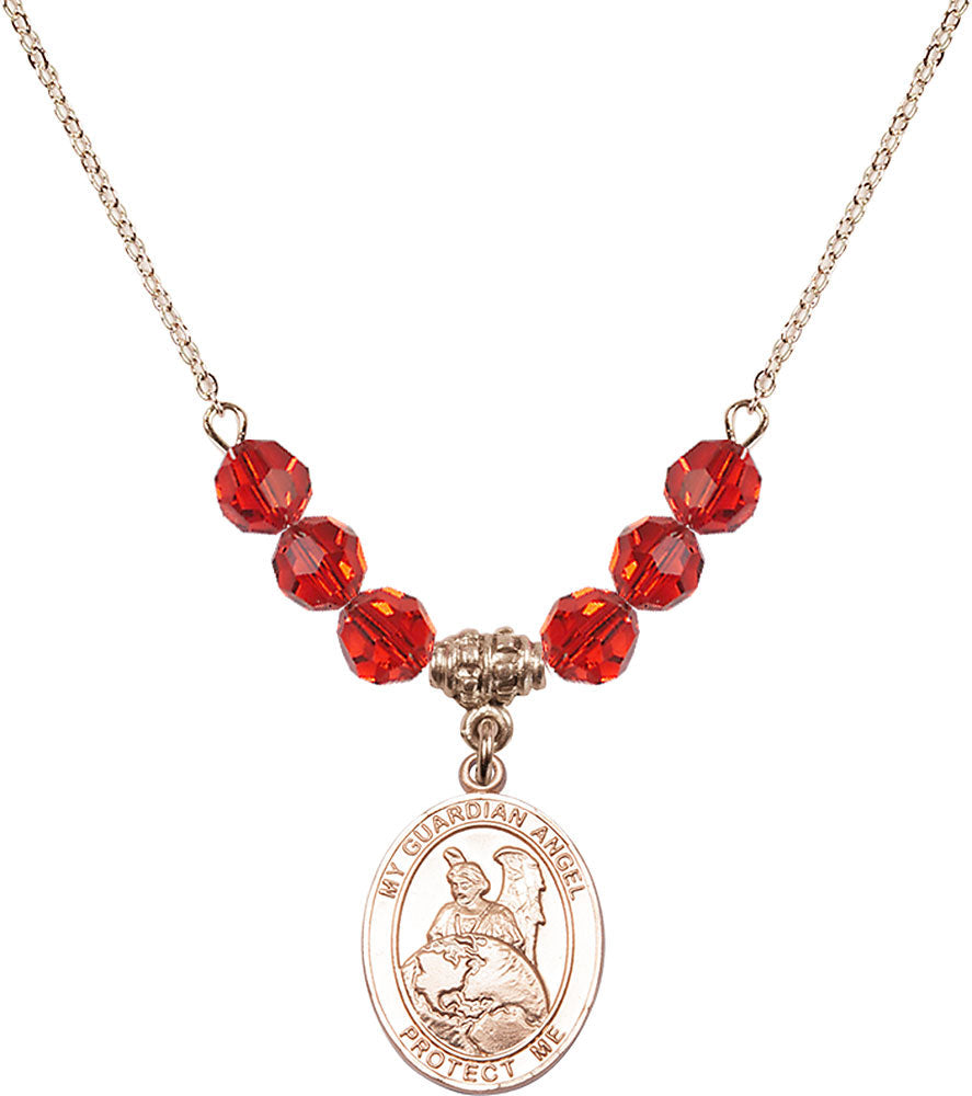 14kt Gold Filled Guardian Angel Protector Birthstone Necklace with Ruby Beads - 8440
