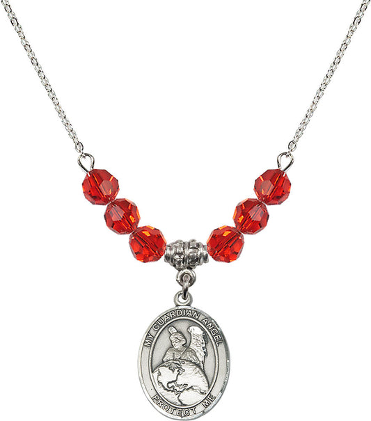 Sterling Silver Guardian Angel Protector Birthstone Necklace with Ruby Beads - 8440