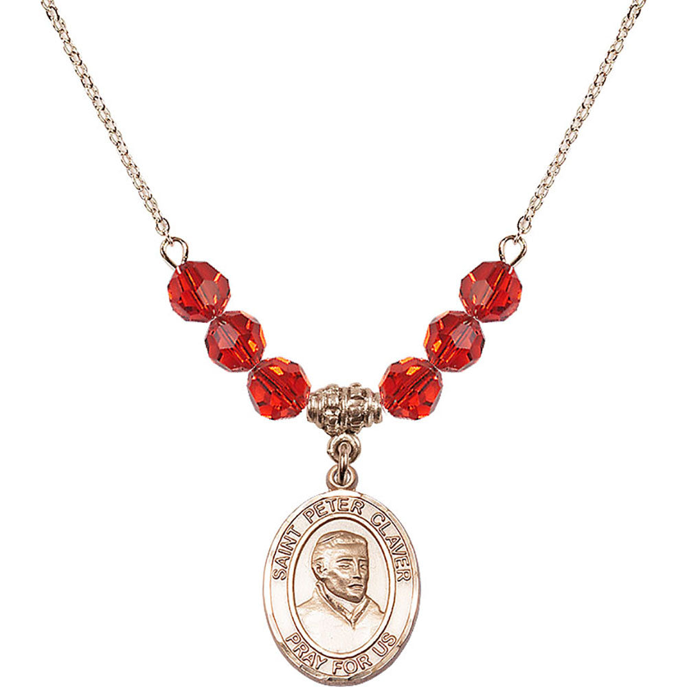 14kt Gold Filled Saint Peter Claver Birthstone Necklace with Ruby Beads - 8442