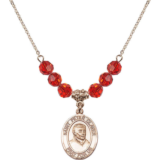 14kt Gold Filled Saint Peter Claver Birthstone Necklace with Ruby Beads - 8442