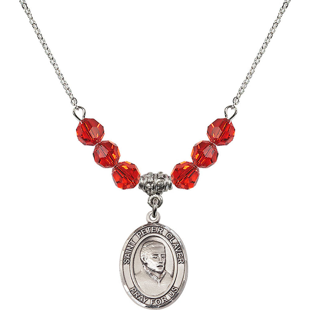 Sterling Silver Saint Peter Claver Birthstone Necklace with Ruby Beads - 8442