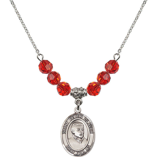 Sterling Silver Saint Peter Claver Birthstone Necklace with Ruby Beads - 8442