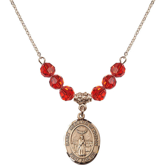 14kt Gold Filled Saint Medard of Noyon Birthstone Necklace with Ruby Beads - 8444