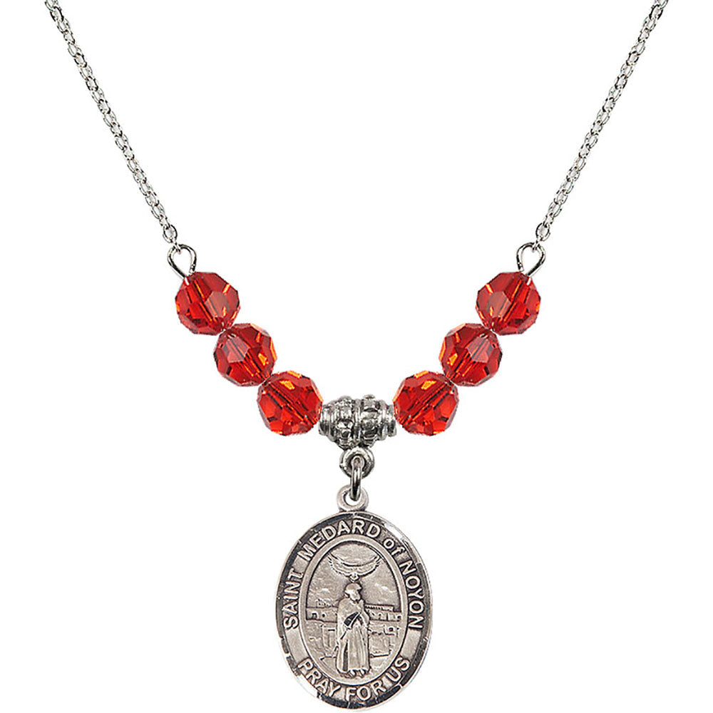 Sterling Silver Saint Medard of Noyon Birthstone Necklace with Ruby Beads - 8444