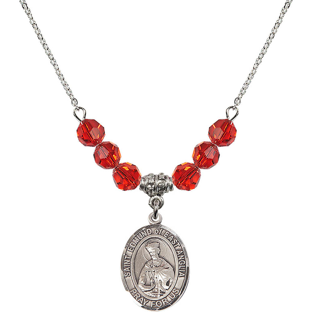 Sterling Silver Saint Edmund of East Anglia Birthstone Necklace with Ruby Beads - 8445