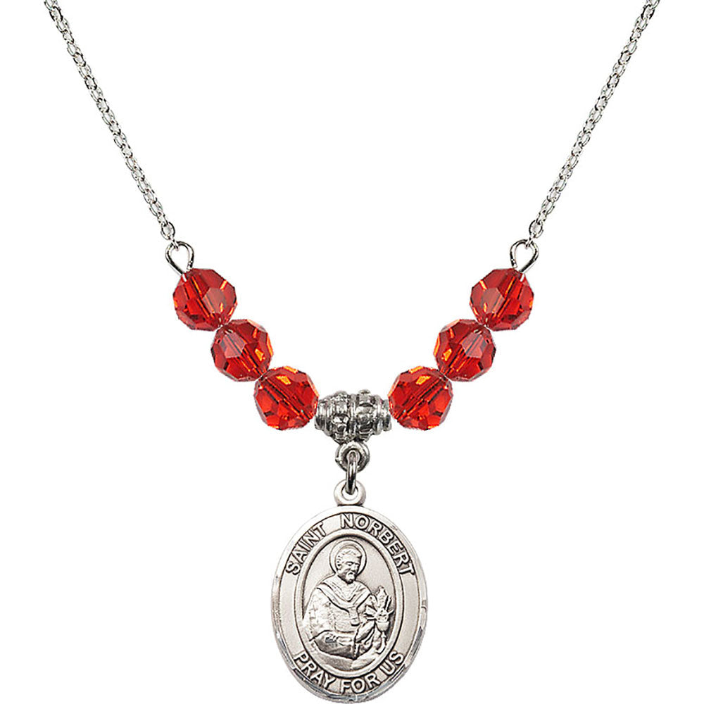 Sterling Silver Saint Norbert of Xanten Birthstone Necklace with Ruby Beads - 8447