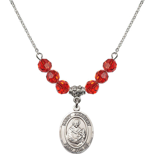Sterling Silver Saint Norbert of Xanten Birthstone Necklace with Ruby Beads - 8447