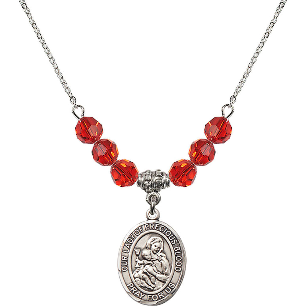 Sterling Silver Our Lady of the Precious Blood Birthstone Necklace with Ruby Beads - 8448