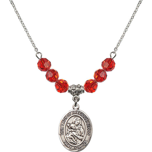 Sterling Silver Our Lady of the Precious Blood Birthstone Necklace with Ruby Beads - 8448