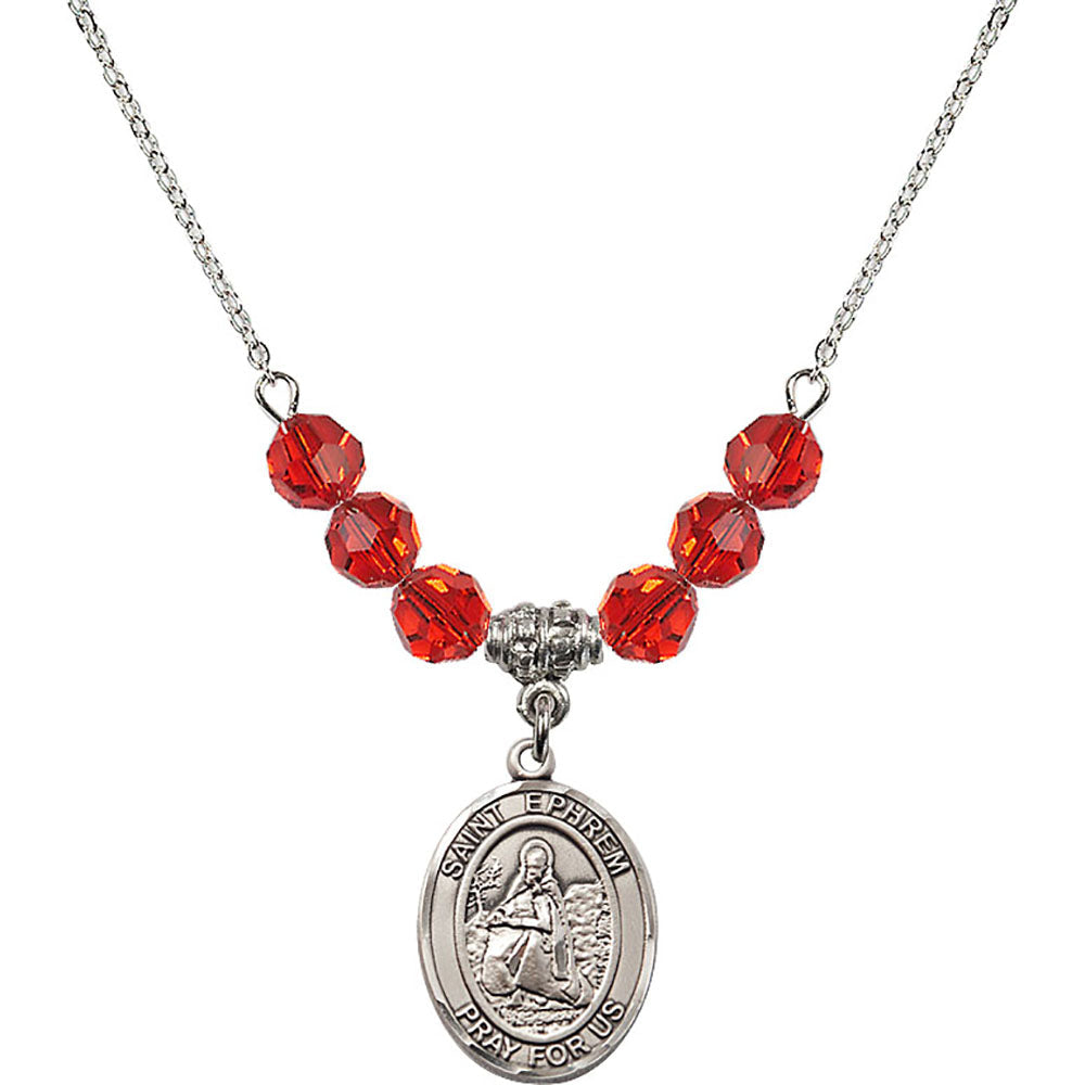 Sterling Silver Saint Ephrem Birthstone Necklace with Ruby Beads - 8449