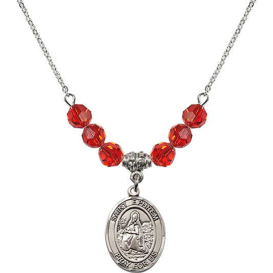 Sterling Silver Saint Ephrem Birthstone Necklace with Ruby Beads - 8449