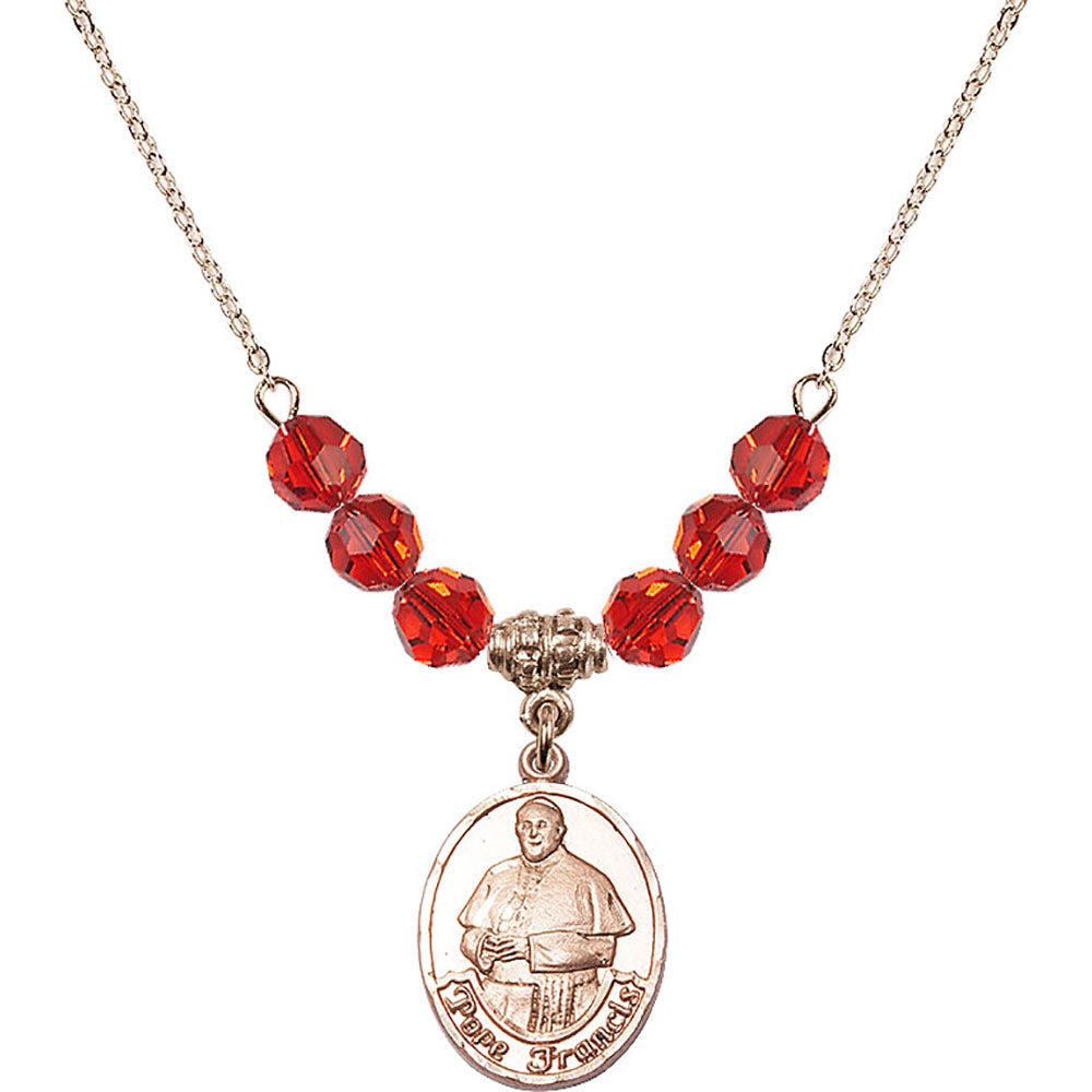 14kt Gold Filled Pope Francis Birthstone Necklace with Ruby Beads - 8451