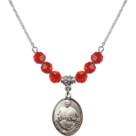 Sterling Silver Pope Francis Birthstone Necklace with Ruby Beads - 8451