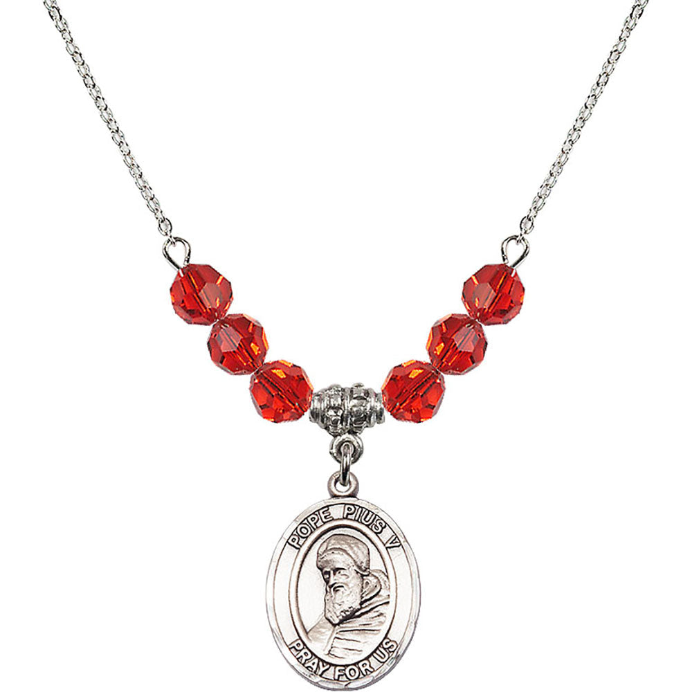 Sterling Silver Saint Pius V Birthstone Necklace with Ruby Beads - 8452