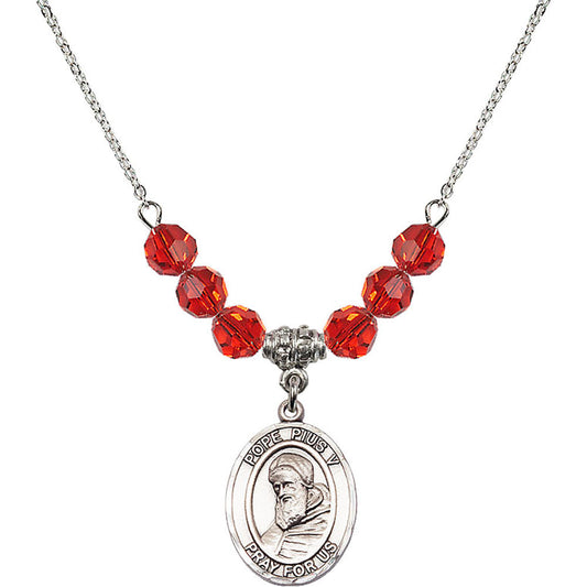 Sterling Silver Saint Pius V Birthstone Necklace with Ruby Beads - 8452