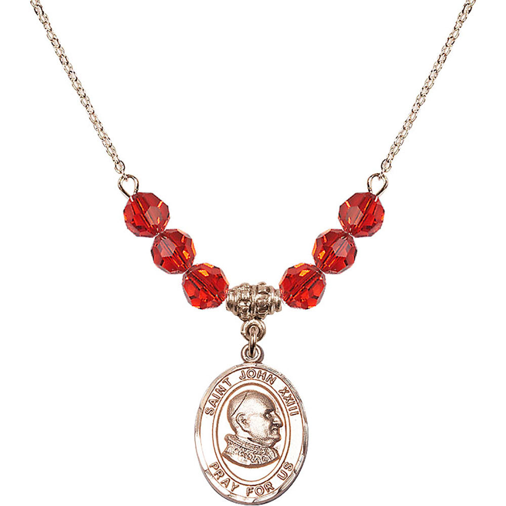 14kt Gold Filled Saint John XXIII Birthstone Necklace with Ruby Beads - 8455