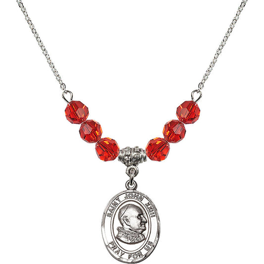 Sterling Silver Saint John XXIII Birthstone Necklace with Ruby Beads - 8455