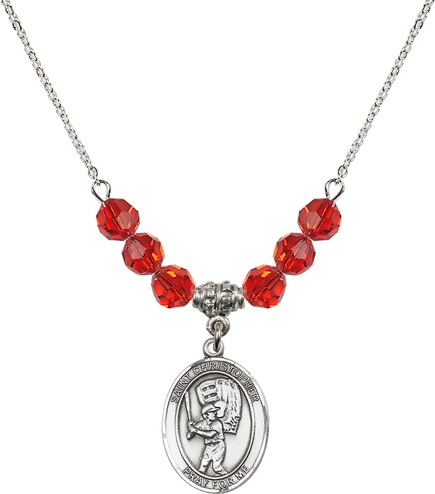 Sterling Silver Saint Christopher/Baseball Birthstone Necklace with Ruby Beads - 8500