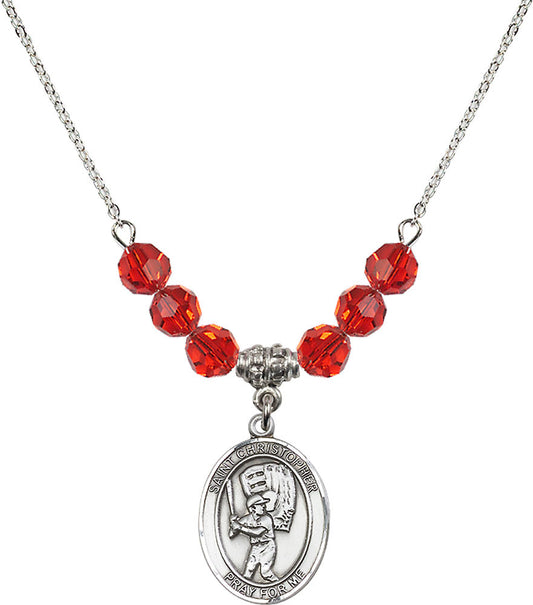 Sterling Silver Saint Christopher/Baseball Birthstone Necklace with Ruby Beads - 8500
