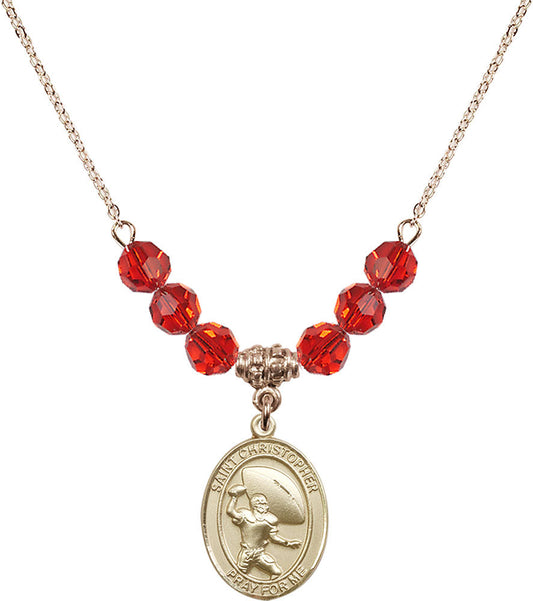 14kt Gold Filled Saint Christopher / Football Birthstone Necklace with Ruby Beads - 8501