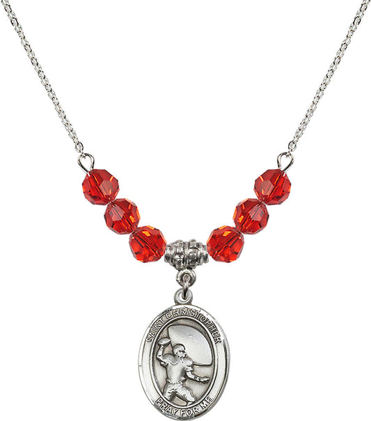 Sterling Silver Saint Christopher / Football Birthstone Necklace with Ruby Beads - 8501