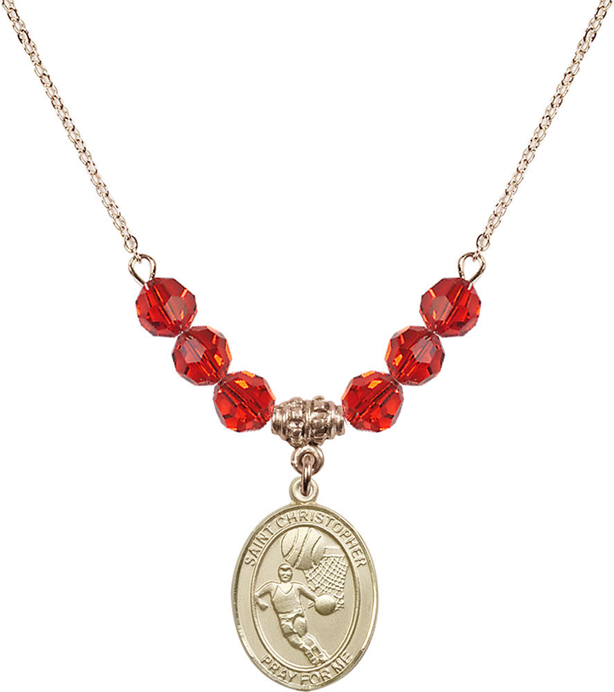 14kt Gold Filled Saint Christopher/Basketball Birthstone Necklace with Ruby Beads - 8502