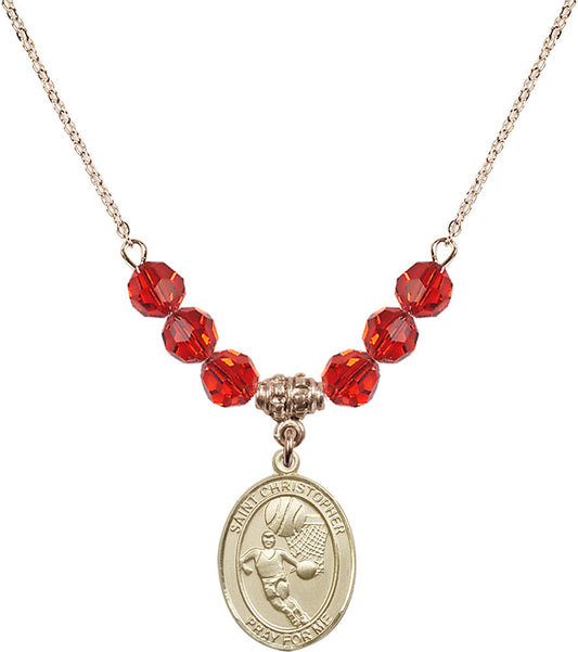 14kt Gold Filled Saint Christopher/Basketball Birthstone Necklace with Ruby Beads - 8502