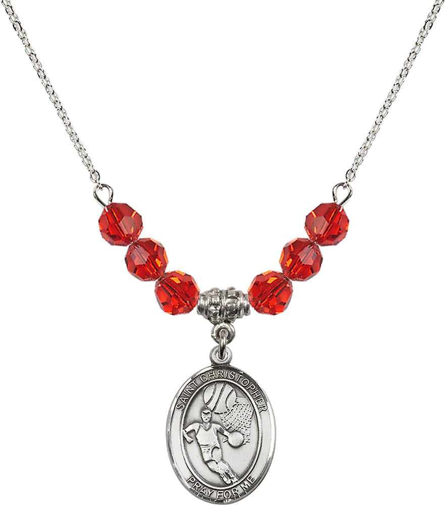 Sterling Silver Saint Christopher/Basketball Birthstone Necklace with Ruby Beads - 8502