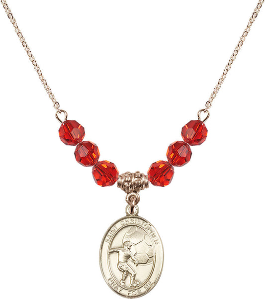 14kt Gold Filled Saint Christopher/Soccer Birthstone Necklace with Ruby Beads - 8503