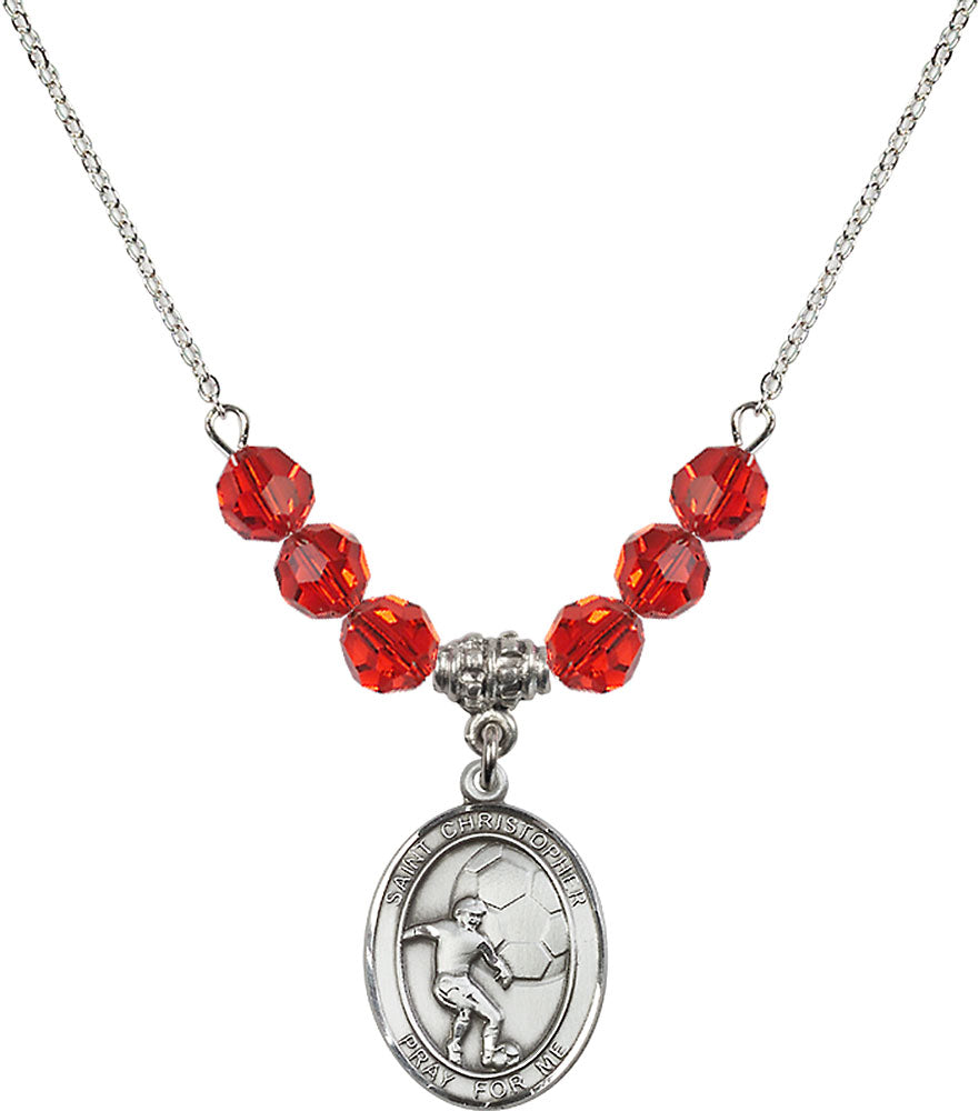 Sterling Silver Saint Christopher/Soccer Birthstone Necklace with Ruby Beads - 8503