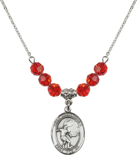 Sterling Silver Saint Christopher/Soccer Birthstone Necklace with Ruby Beads - 8503