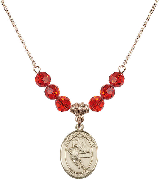 14kt Gold Filled Saint Christopher/Hockey Birthstone Necklace with Ruby Beads - 8504
