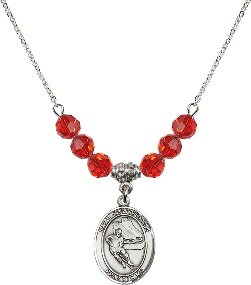 Sterling Silver Saint Christopher/Hockey Birthstone Necklace with Ruby Beads - 8504
