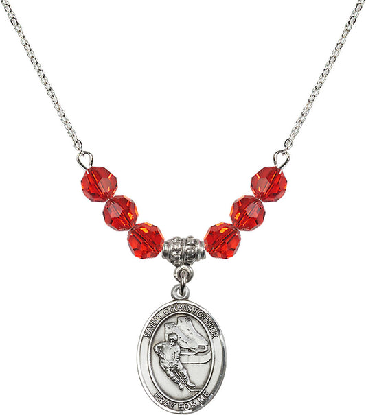 Sterling Silver Saint Christopher/Hockey Birthstone Necklace with Ruby Beads - 8504