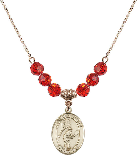 14kt Gold Filled Saint Christopher/Tennis Birthstone Necklace with Ruby Beads - 8505