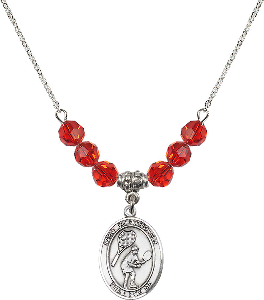 Sterling Silver Saint Christopher/Tennis Birthstone Necklace with Ruby Beads - 8505