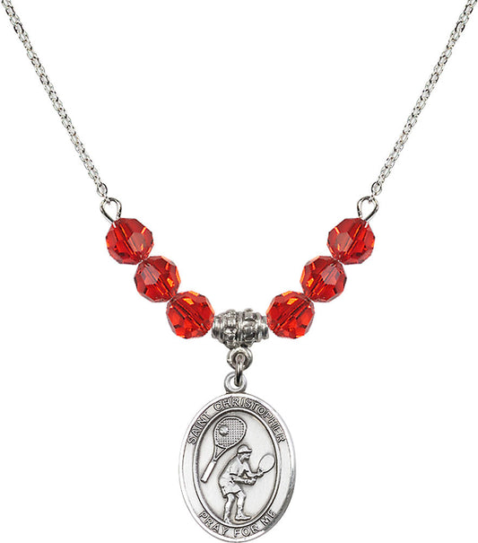 Sterling Silver Saint Christopher/Tennis Birthstone Necklace with Ruby Beads - 8505