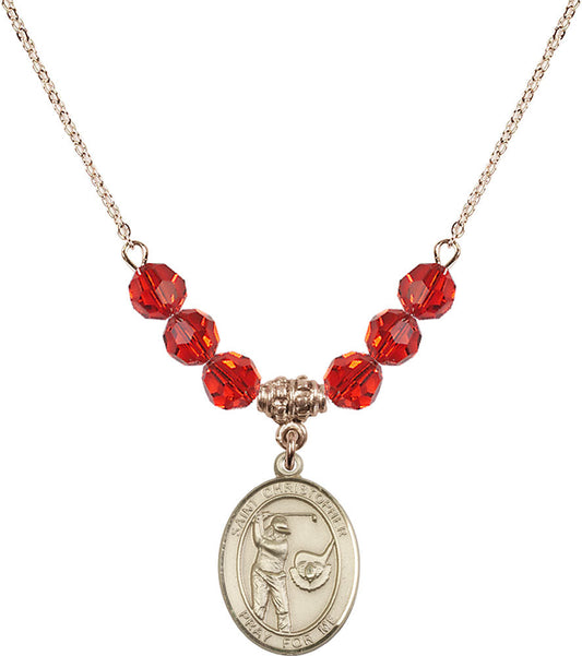 14kt Gold Filled Saint Christopher/Golf Birthstone Necklace with Ruby Beads - 8506