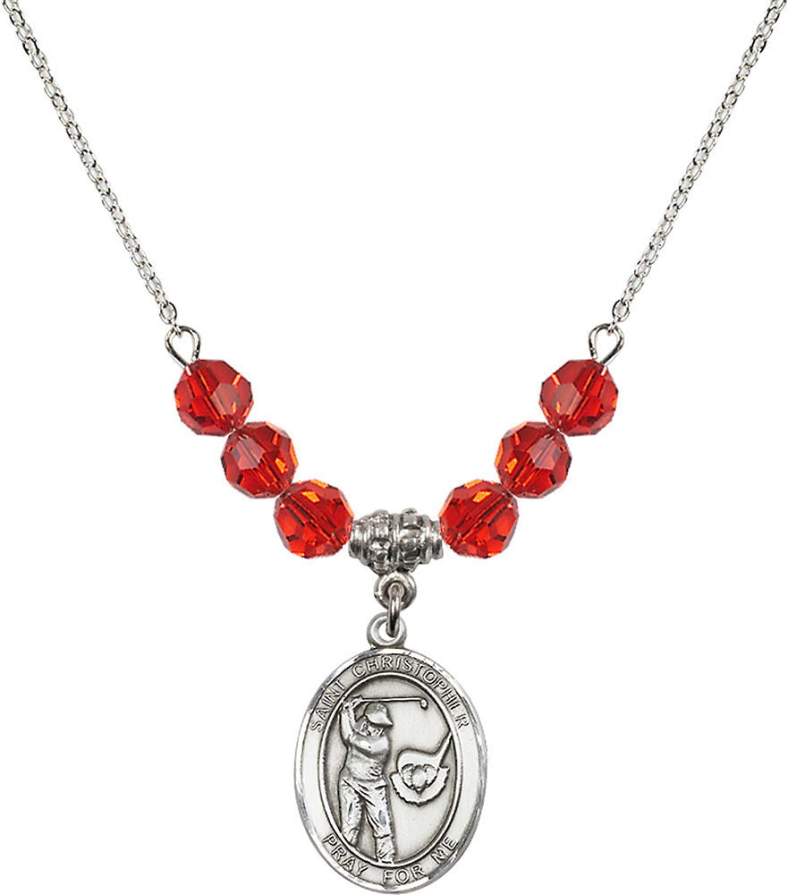Sterling Silver Saint Christopher/Golf Birthstone Necklace with Ruby Beads - 8506