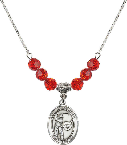 Sterling Silver Saint Christopher/Golf Birthstone Necklace with Ruby Beads - 8506