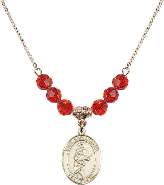 14kt Gold Filled Saint Christopher/Softball Birthstone Necklace with Ruby Beads - 8507