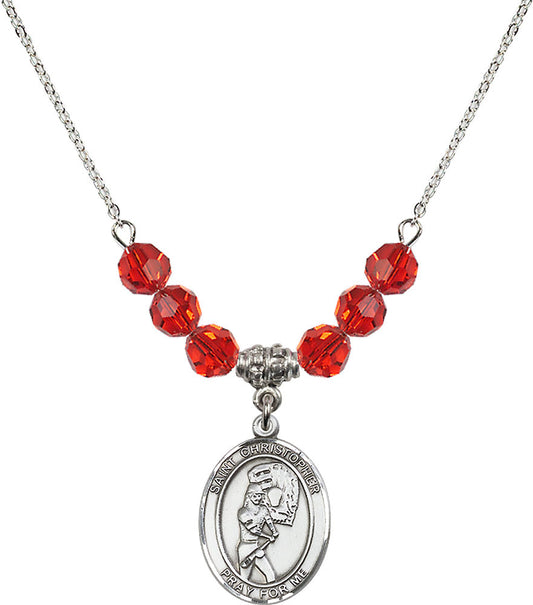 Sterling Silver Saint Christopher/Softball Birthstone Necklace with Ruby Beads - 8507