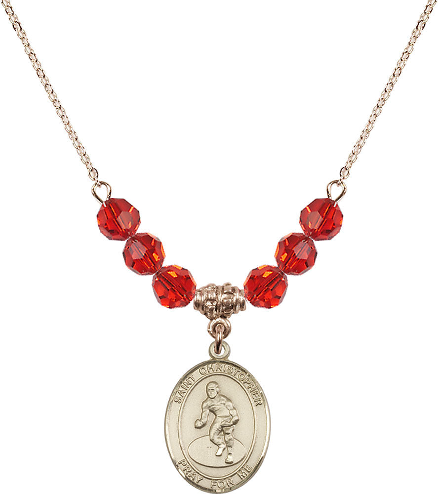 14kt Gold Filled Saint Christopher/Wrestling Birthstone Necklace with Ruby Beads - 8508