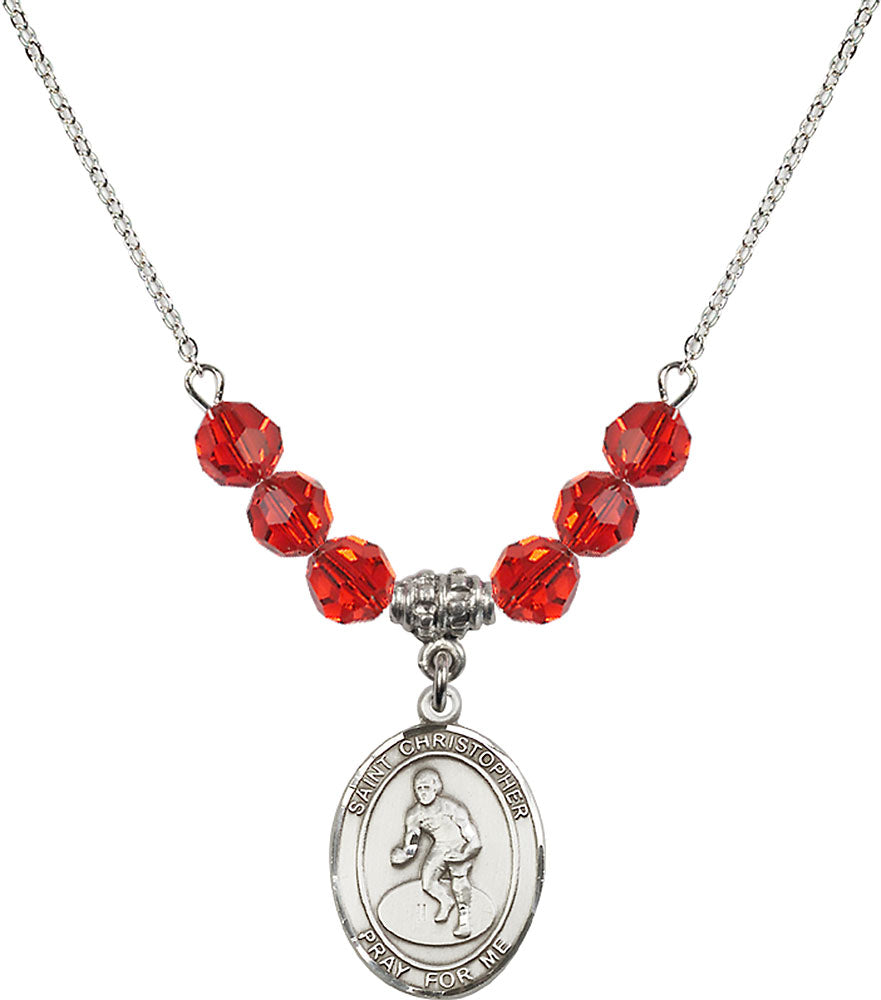 Sterling Silver Saint Christopher/Wrestling Birthstone Necklace with Ruby Beads - 8508